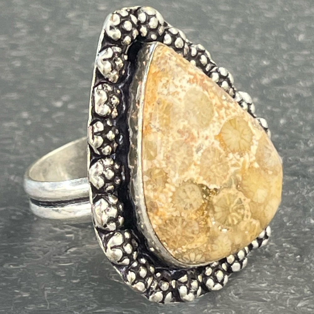 Natural Fossil Coral; 925 Silver Plated; Handmade Teardrop Ring; NWOT; US7.25